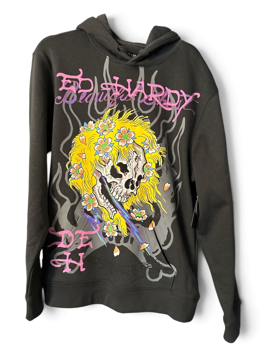 Ed Hardy Skull Floral Graphic Hoodie Charcoal Size Medium NWT